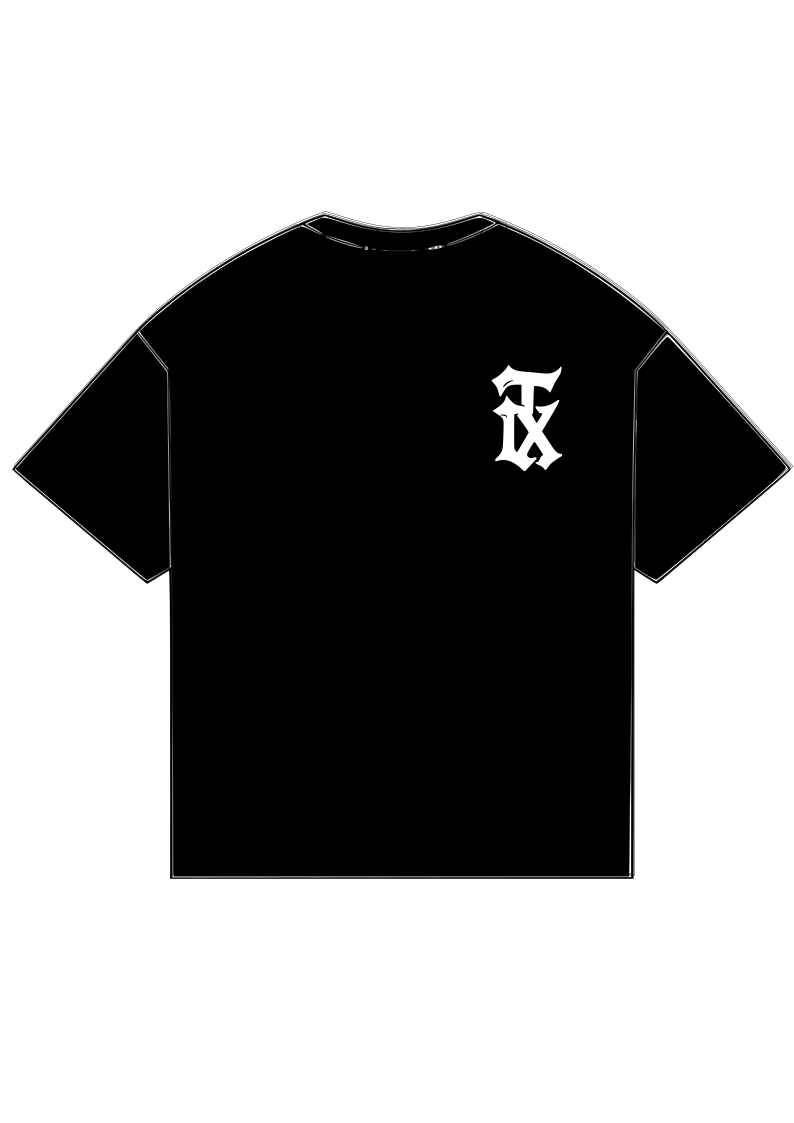 THIXO TXO Arctic Ink black streetwear t-shirt with white contrast TXO print, front view